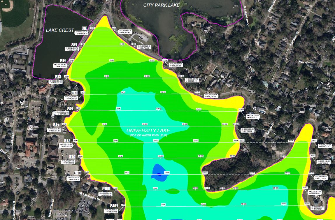 Bathymetric Survey deliverable displaying water bottom depths in University Lake